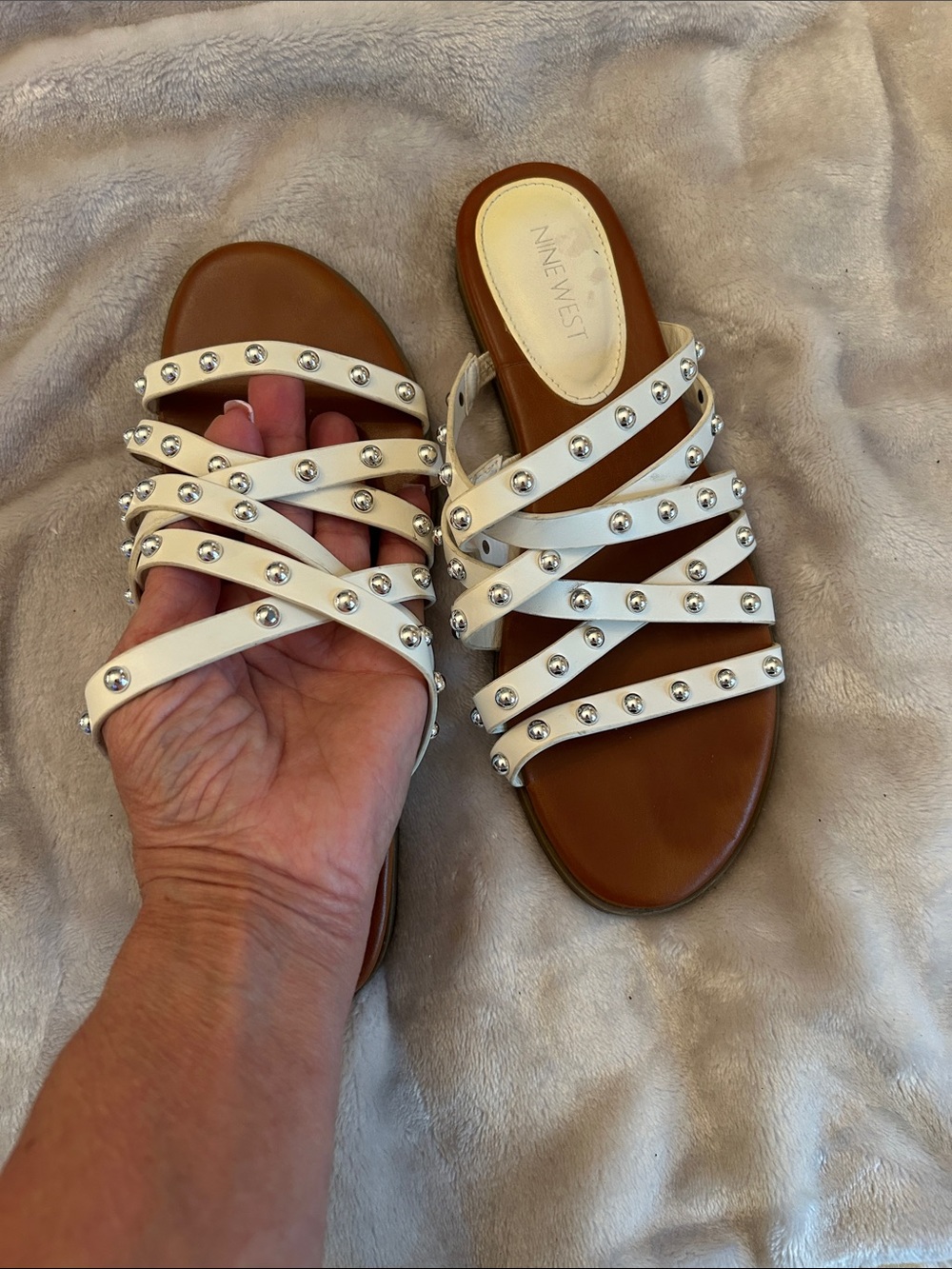 Nine West White Studded Multi-Strap Slide Sandals